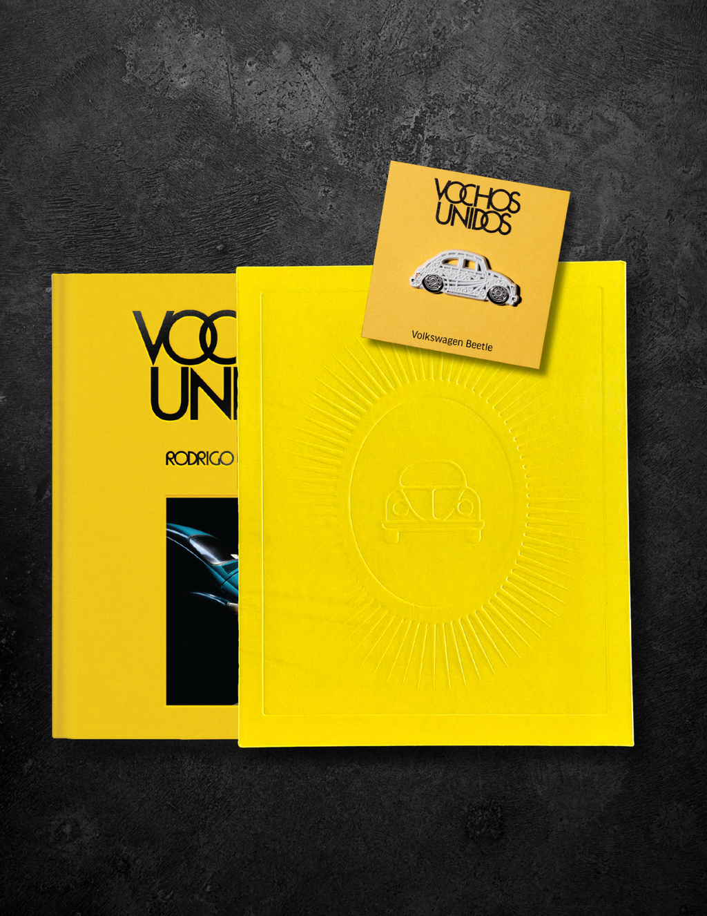 Cover of the new book Vochos Unidos by Rodrigo Gaya Villar, published by Carrara Media. A coffee table book of automotive photography showing the Volkswagen Beetle across Mexico, aka "El Vocho." Limited Edition with slipcase and Leen Customs pin available for 500 copies only.