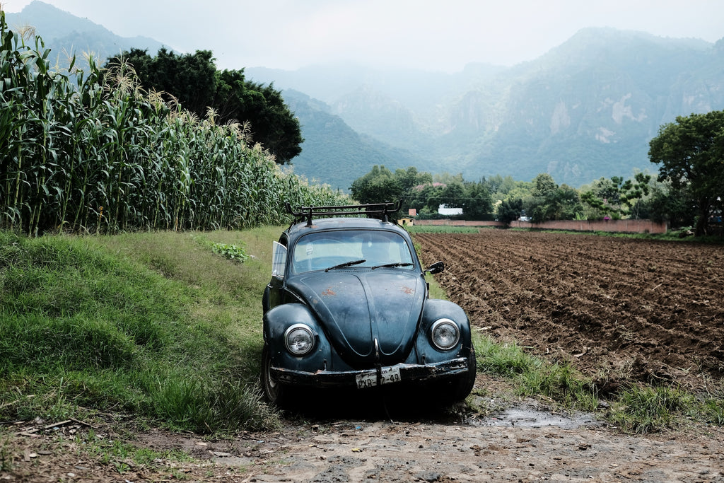 Image of a worn down black Volkswagen Beetle on a farm with mountains in the background, from the new book Vochos Unidos by Rodrigo Gaya Villar, published by Carrara Media. A coffee table book of automotive photography showing the Volkswagen Beetle across Mexico, aka "El Vocho." Limited Edition with slipcase and Leen Customs pin available for 500 copies only.
