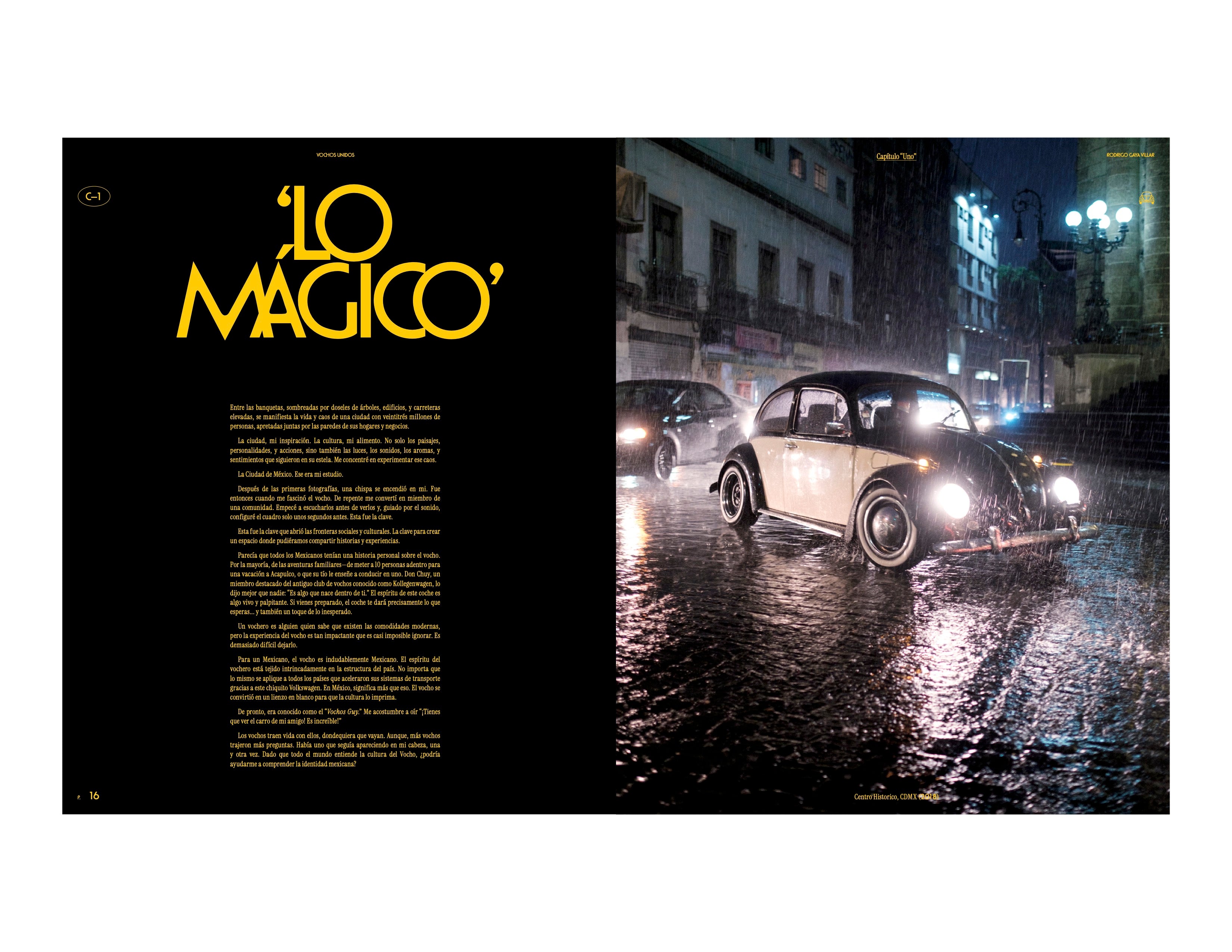 Image of a black and white Volkswagen Beetle on a rainy night in Mexico City, in a spread from the new book Vochos Unidos by Rodrigo Gaya Villar, published by Carrara Media. A coffee table book of automotive photography showing the Volkswagen Beetle across Mexico, aka "El Vocho." Available now.