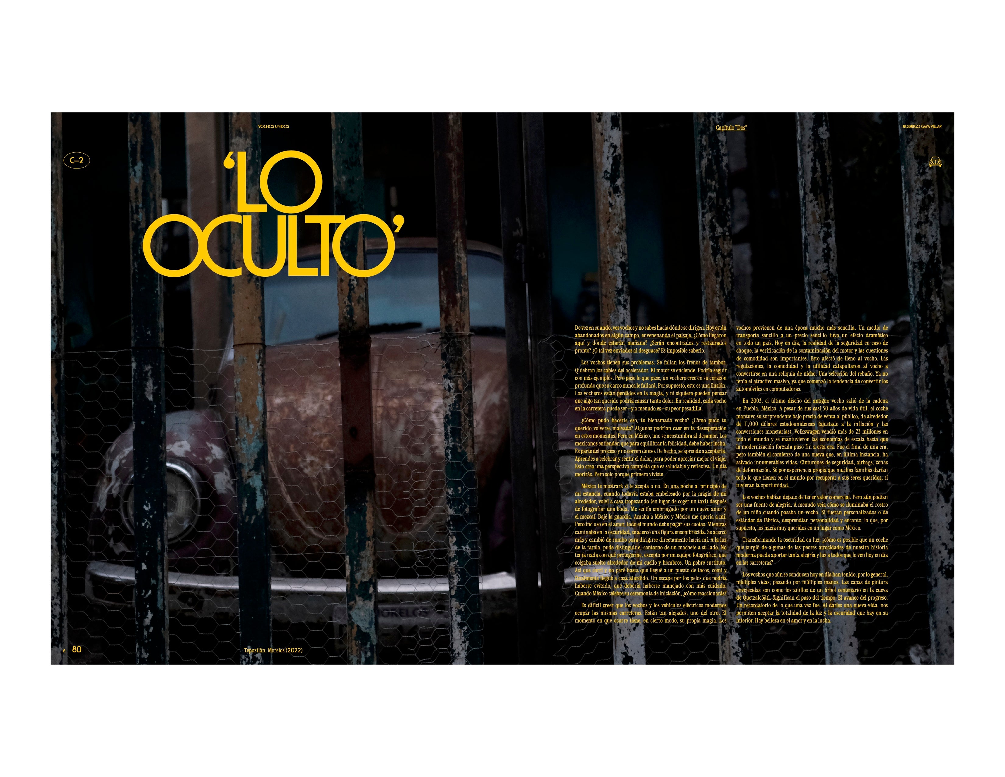 Image of a rusted brown Volkswagen Beetle locked behind a gate in Tepoztlan, in a spread from the new book Vochos Unidos by Rodrigo Gaya Villar, published by Carrara Media. A coffee table book of automotive photography showing the Volkswagen Beetle across Mexico, aka "El Vocho." Available now.