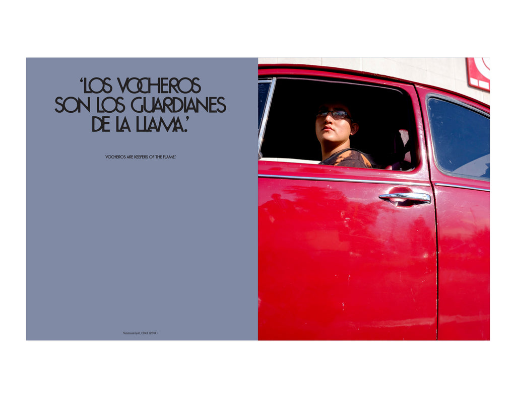 Image of a red Volkswagen Beetle with the driver peering out the window in Mexico City, in a spread from the new book Vochos Unidos by Rodrigo Gaya Villar, published by Carrara Media. A coffee table book of automotive photography showing the Volkswagen Beetle across Mexico, aka "El Vocho." Available now.