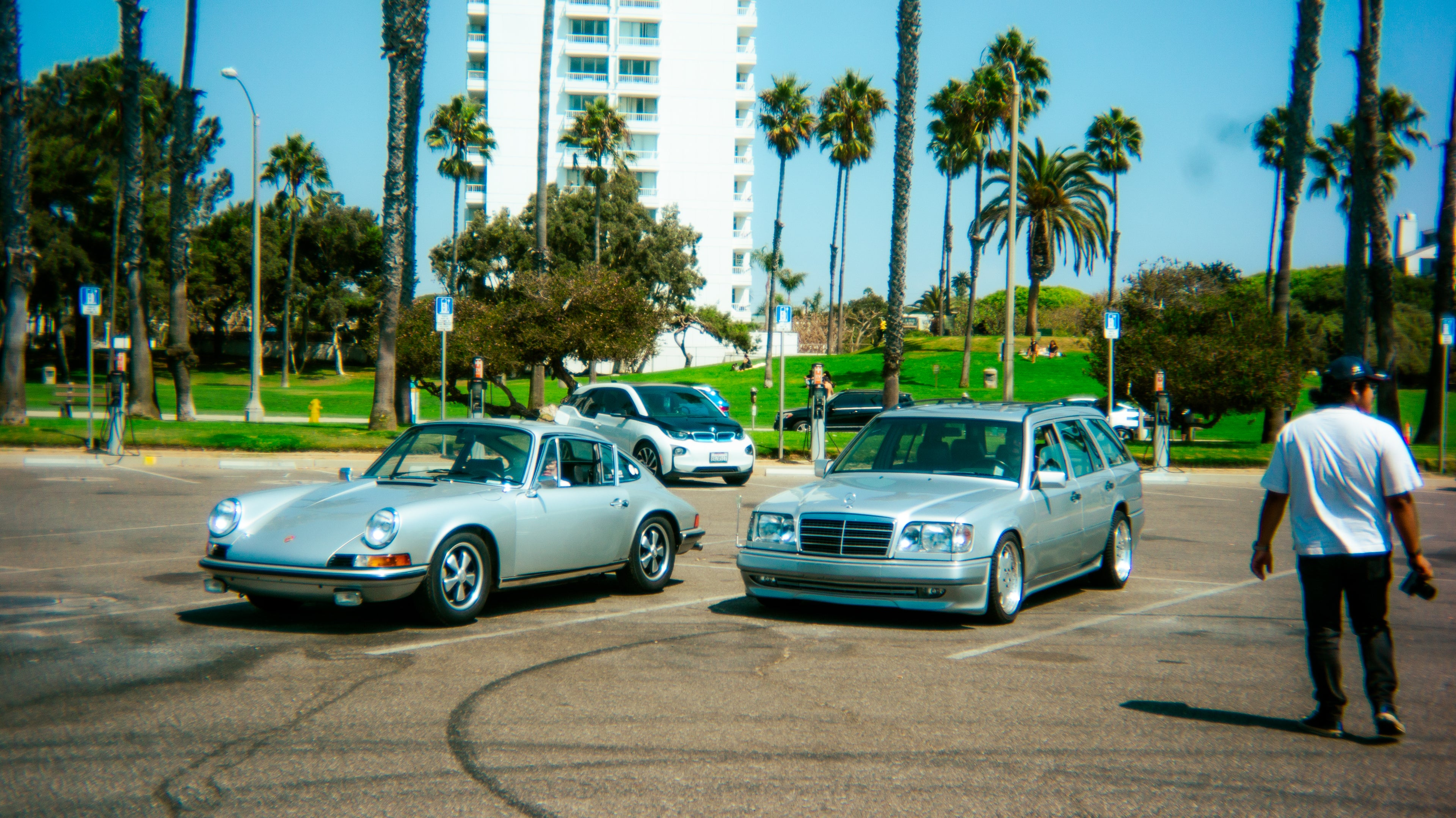 A classic Porsche and Mercedes wagon on a sunny day in Southern California, in an image from Bayside Magazine Issue 01, a new periodical celebrating coastal car culture. Published by Carrara Media.