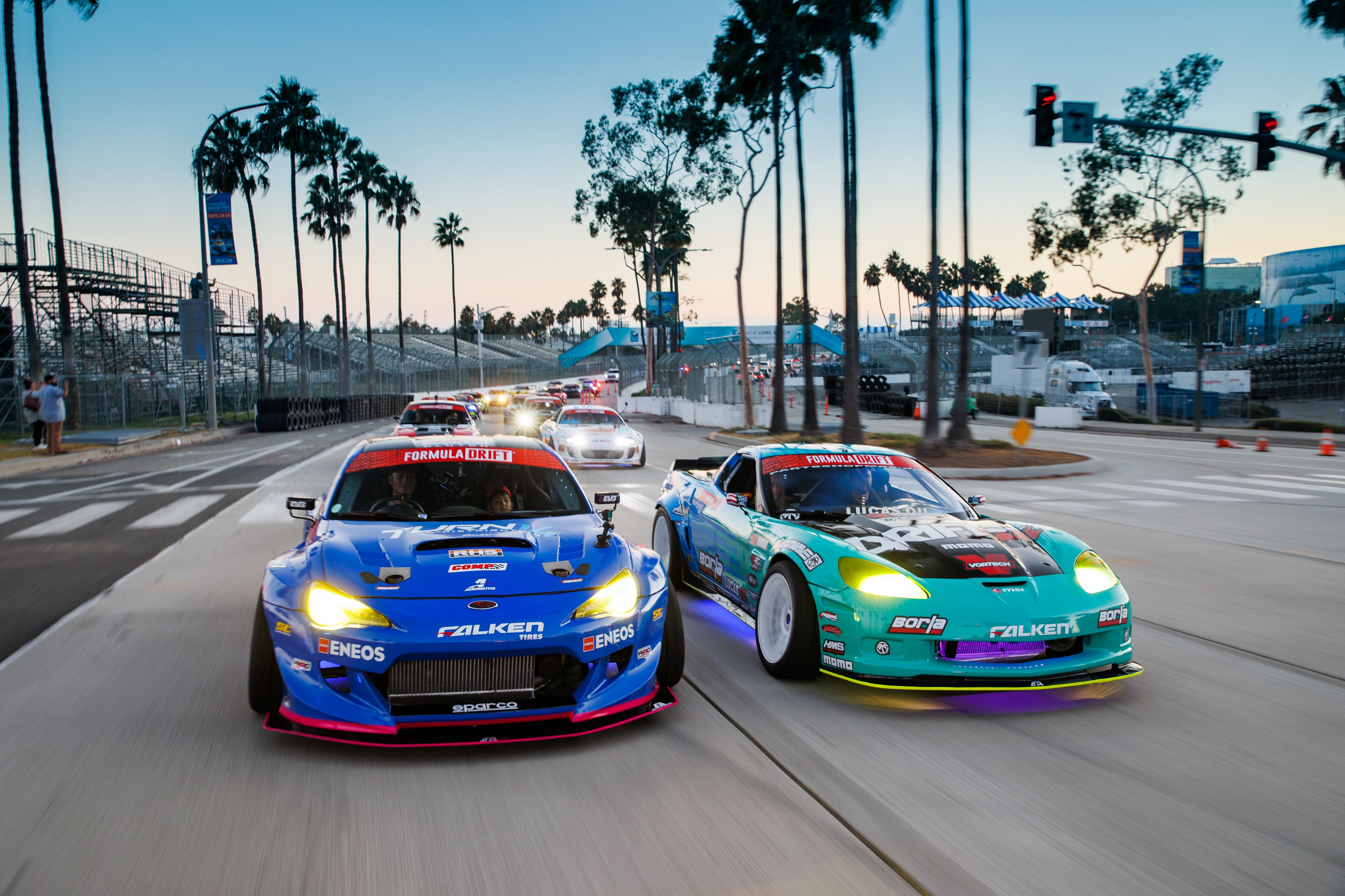 Image of Formula Drift cars on the street, including Dai Yoshihara Subaru BRZ and Matt Field C6 Corvette, photo by Larry Chen. From the 400-page coffee table book Life At Shutter Speed by Larry Chen, foreword by Jeff Zwart and afterword by Magnus Walker. Published by Carrara Media.