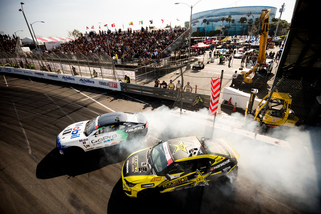 Image of Formula Drift cars competing in Long Beach with Chevrolet Camaro and Scion tC, photo by Larry Chen. From the 400-page coffee table book Life At Shutter Speed by Larry Chen, foreword by Jeff Zwart and afterword by Magnus Walker. Published by Carrara Media.