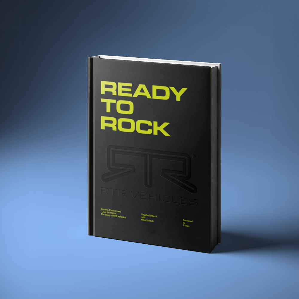 Cover of the new book Ready To Rock by Vaughn Gittin Jr. with Mike Spinelli, foreword by T-Pain, published by Carrara Media. The story of RTR Vehicles and professional drifting, off-road racing and the Ford RTR Mustang and RTR Bronco. Limited Edition black cover available for 1,000 copies only.