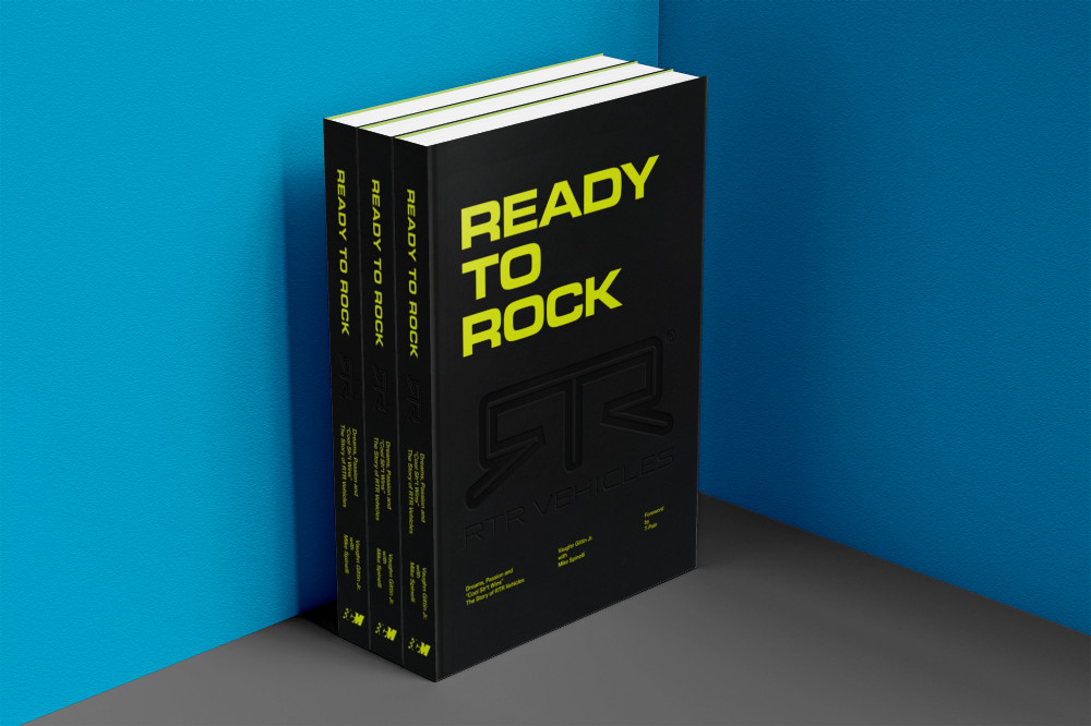 Cover of the new book Ready To Rock by Vaughn Gittin Jr. with Mike Spinelli, foreword by T-Pain, published by Carrara Media. The story of RTR Vehicles and professional drifting, off-road racing and the Ford RTR Mustang and RTR Bronco. Limited Edition black cover available for 1,000 copies only.