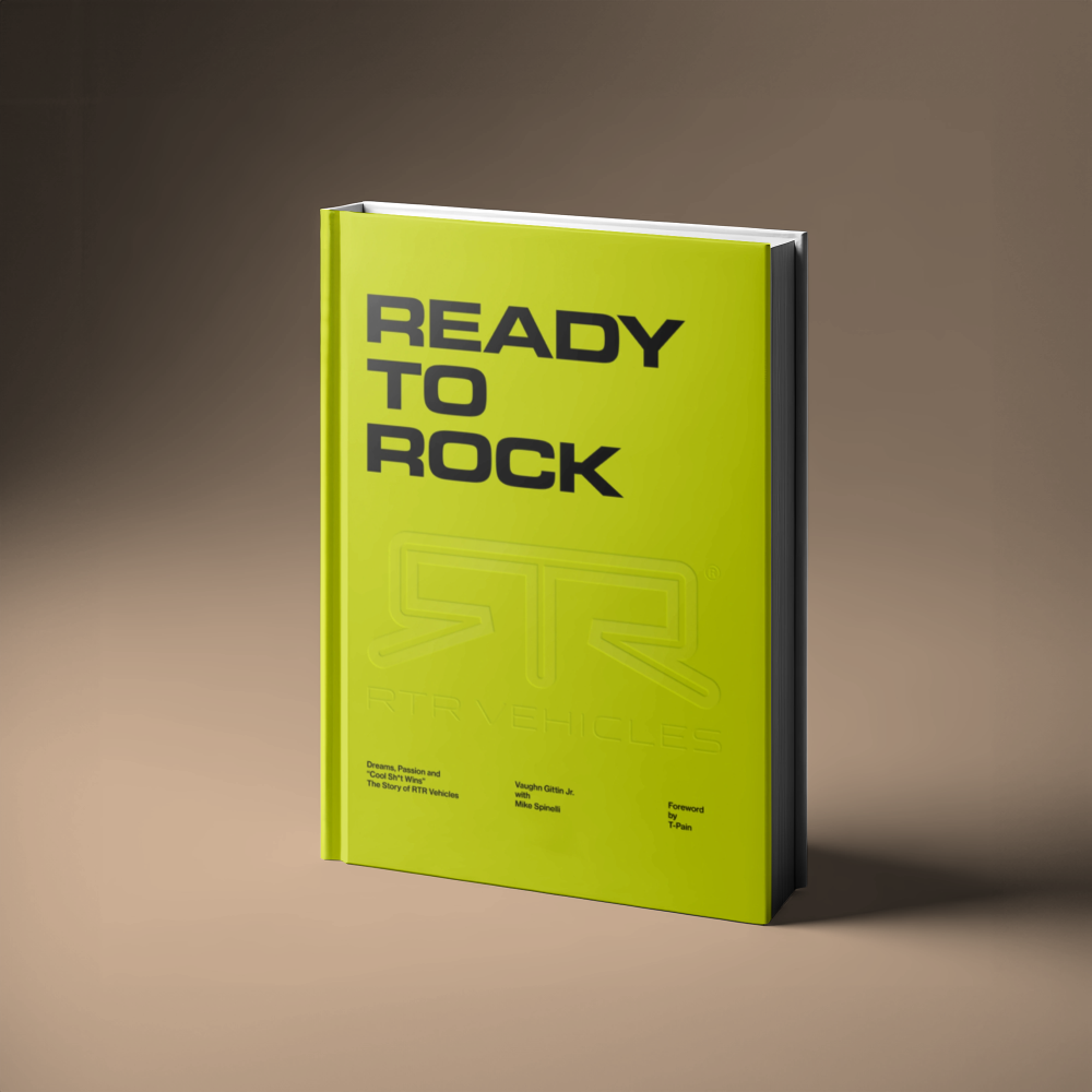 Cover of the new book Ready To Rock by Vaughn Gittin Jr. with Mike Spinelli, foreword by T-Pain, published by Carrara Media. The story of RTR Vehicles and professional drifting, off-road racing and the Ford RTR Mustang and RTR Bronco. Available to preorder now, with full release in November 2026.