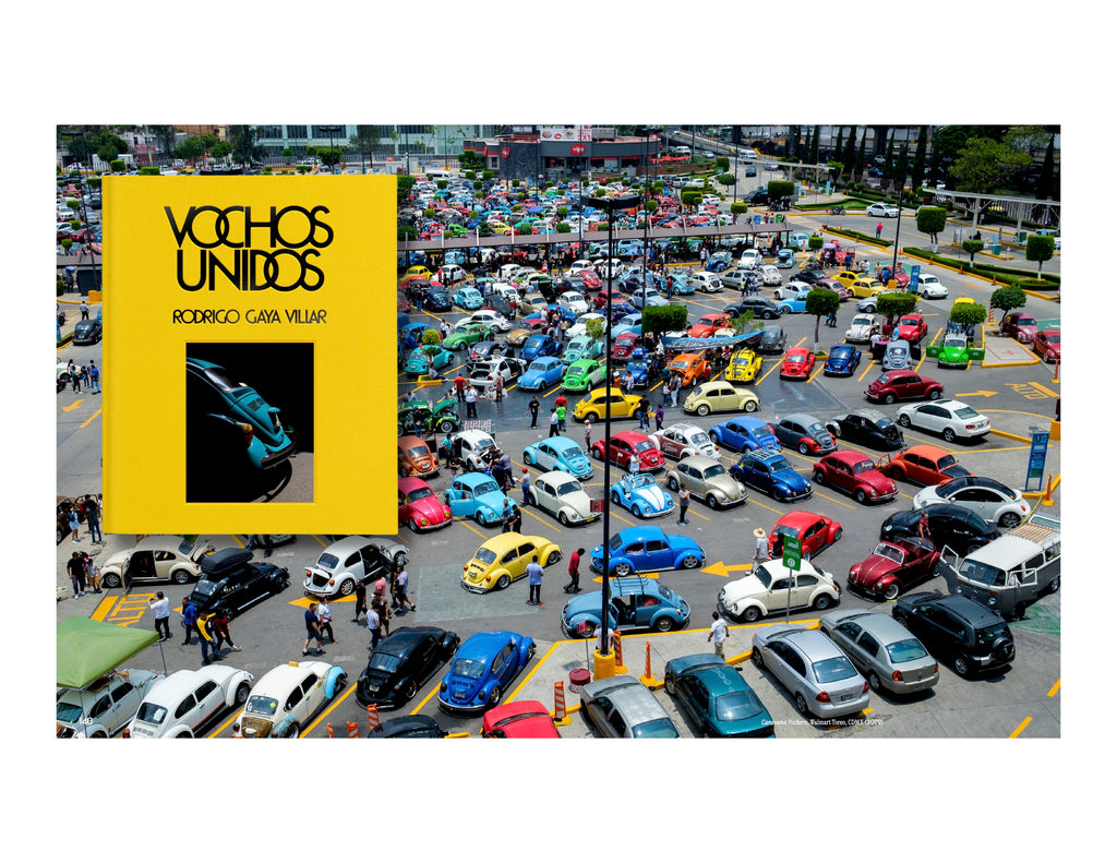 Cover of the new book Vochos Unidos by Rodrigo Gaya Villar, published by Carrara Media, with an aerial shot of Xochivolks from the interior pages. A coffee table book of automotive photography showing the Volkswagen Beetle across Mexico, aka "El Vocho." Limited Edition with slipcase and Leen Customs pin available for 500 copies only.